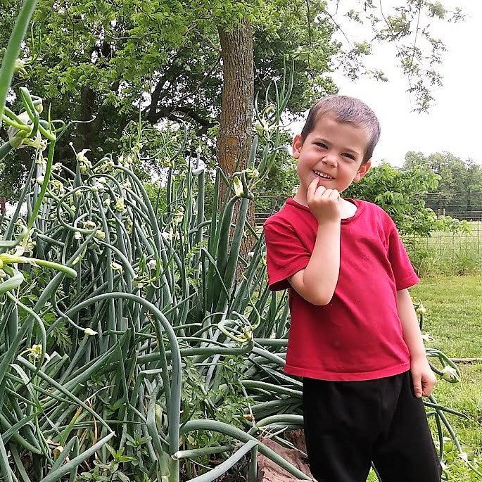 This is our son Micah by our Egyptian Walking Onions