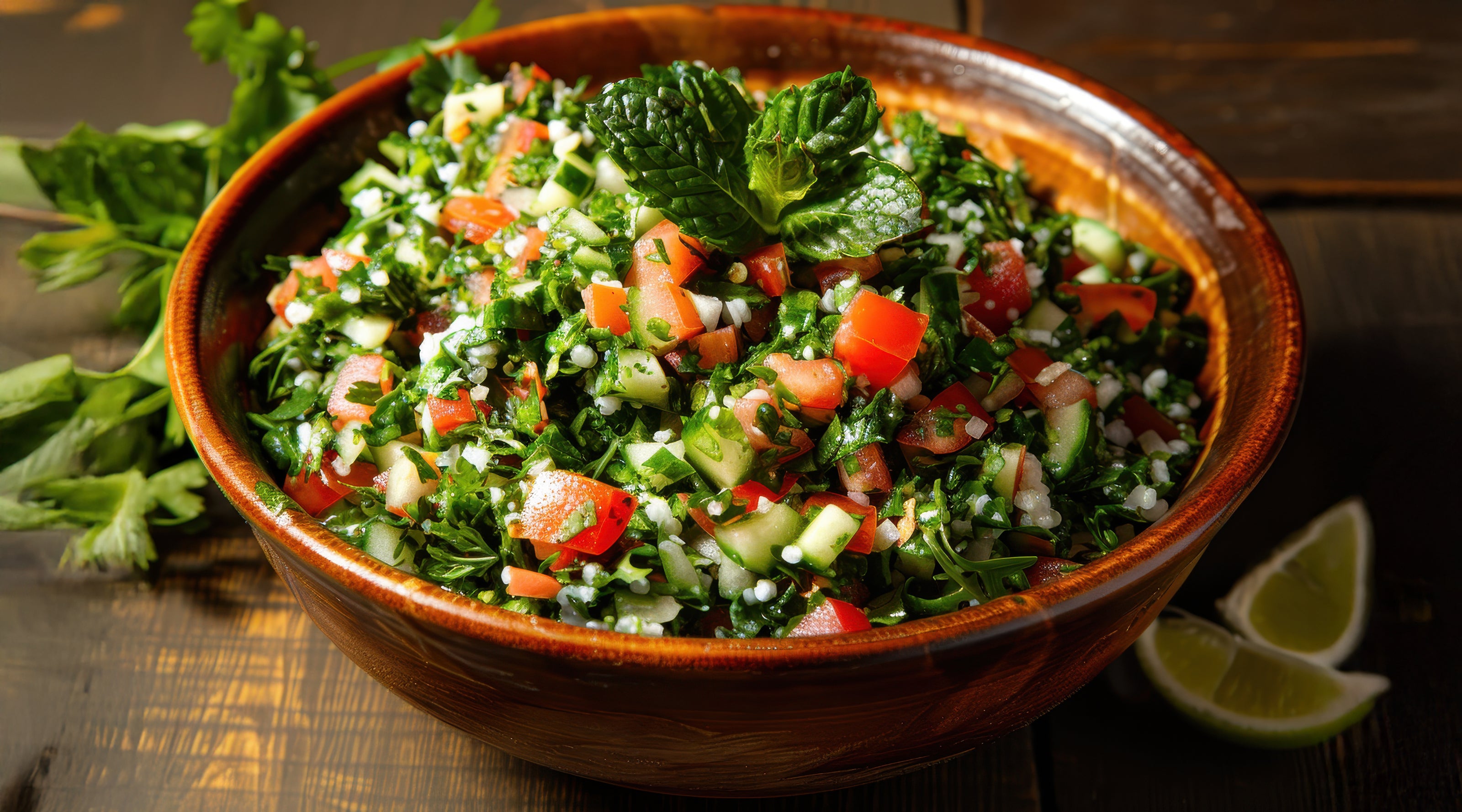 This tomato salad is a mint recipe, made with mint. It's in a bowl on a table. 