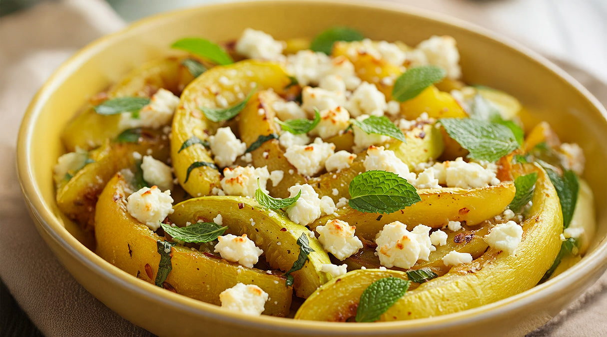 This mint recipe is for baked summer squash. It's an excellent main dish that you should eat. It's in a bowl. it's a close-up. 