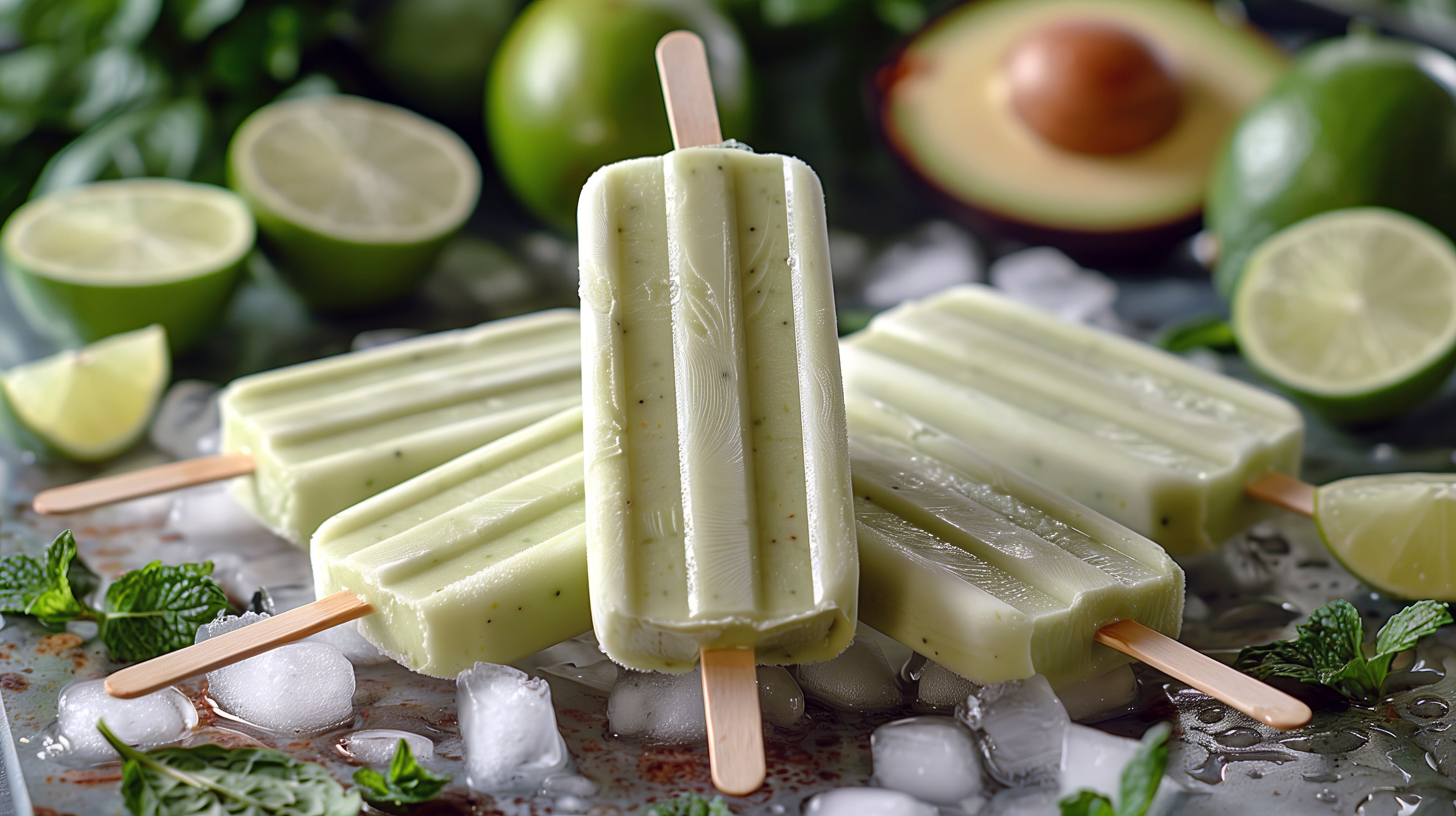 This mint recipe is for lime block popsicles. The popsicles are sitting on ice, and they're made with mint, limes, and avocado. 